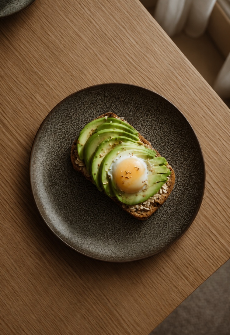 Una tostada de pan integral con aguacate y huevo, servida en un plato sobre una mesa de madera.
