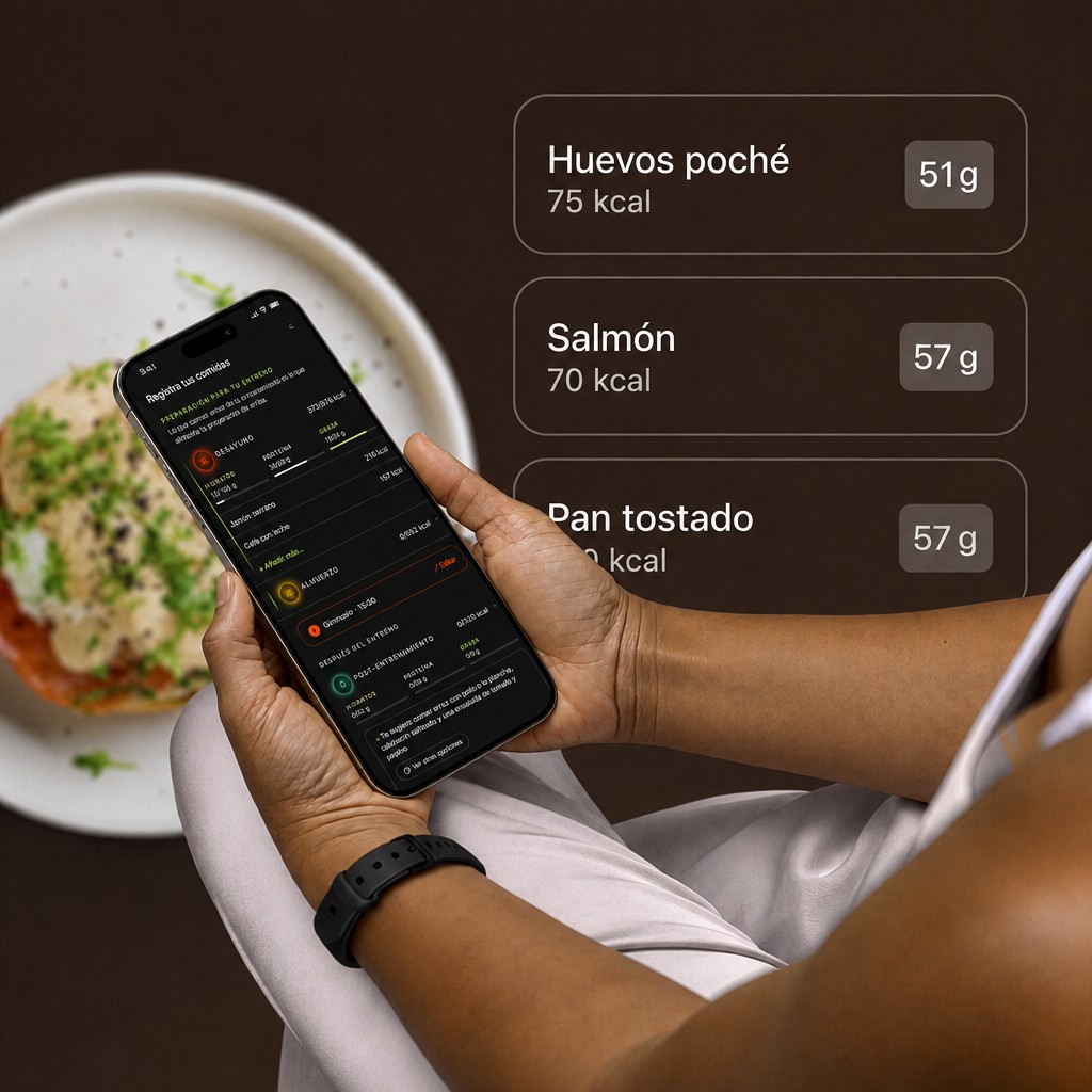Una persona consulta la pantalla de registro de comidas de Onepercent junto a su plato, con el desayuno detectado (huevos poché, salmón y pan tostado) señalado en tarjetas flotantes.
